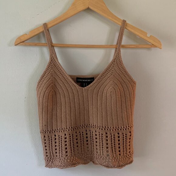 Streetwear Society Tops - Streetwear Society Tan Light Brown Spaghetti Strap Crochet Cropped Tank Top